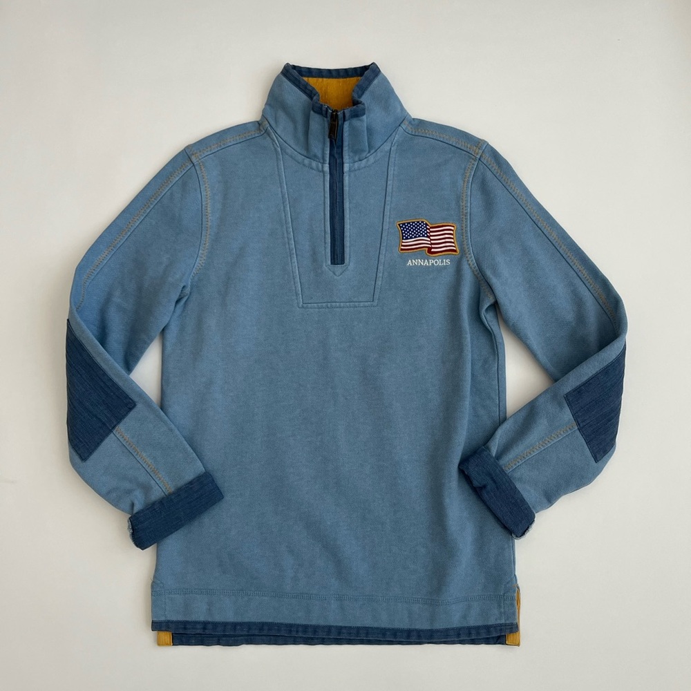 Fat Face women’s Blue and Yellow Quarter-Zip with Flag Patch